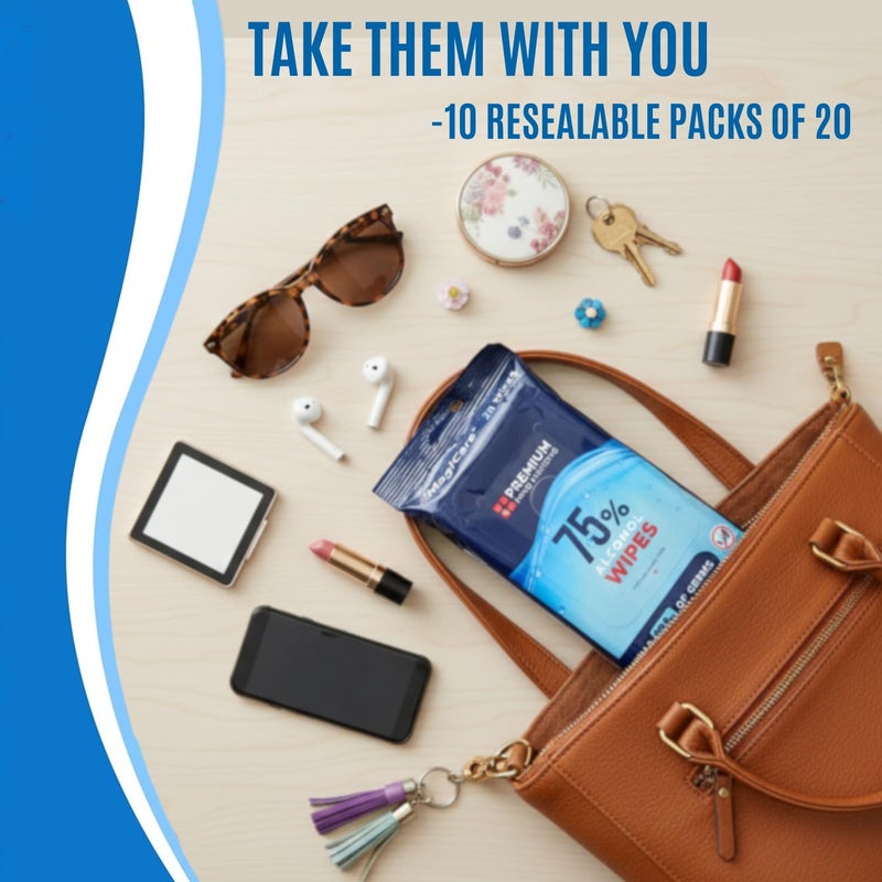 MAGICARE Travel Hand Sanitizer Wipes, 10 Packs of 20 (200 pcs) - 75% Alcohol Wipes, Large - Sanitizing Hand Wipe for Car, Bag, Purse, Airplane, Travel Essentials - On-the-go Size Wet Wipe, Unscented - Image 2